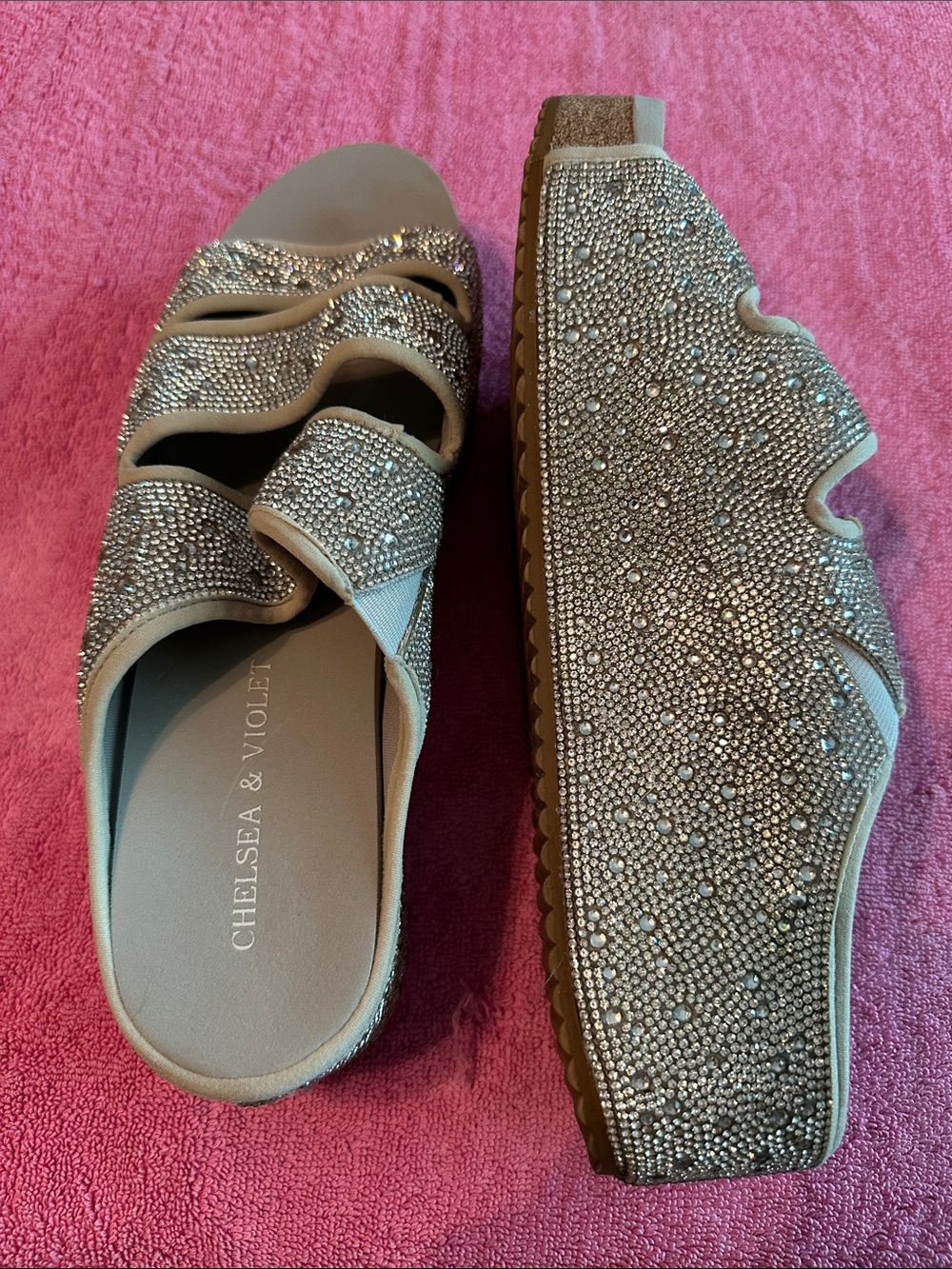 Chelsea & Violet Rhinestone-Studded Silver Slide Mules